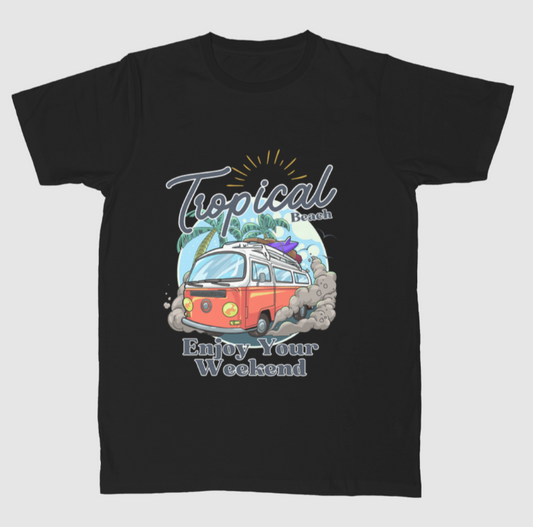 Tropical Beach Vibes Black T-Shirt – Enjoy Your Weekend Summer Graphic Tee